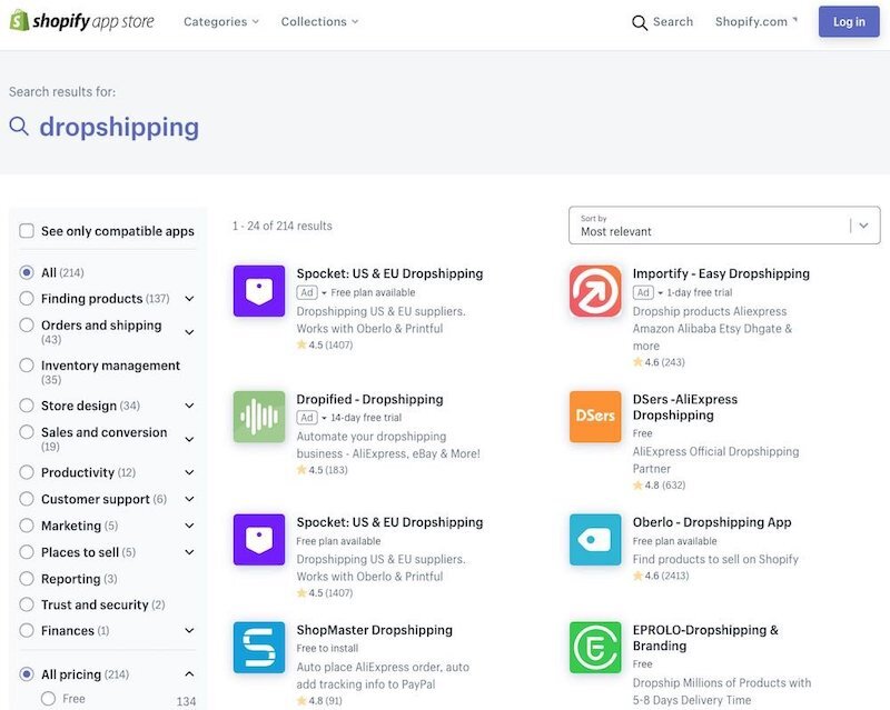Shopify提供了種類繁多的直接發貨應用程序